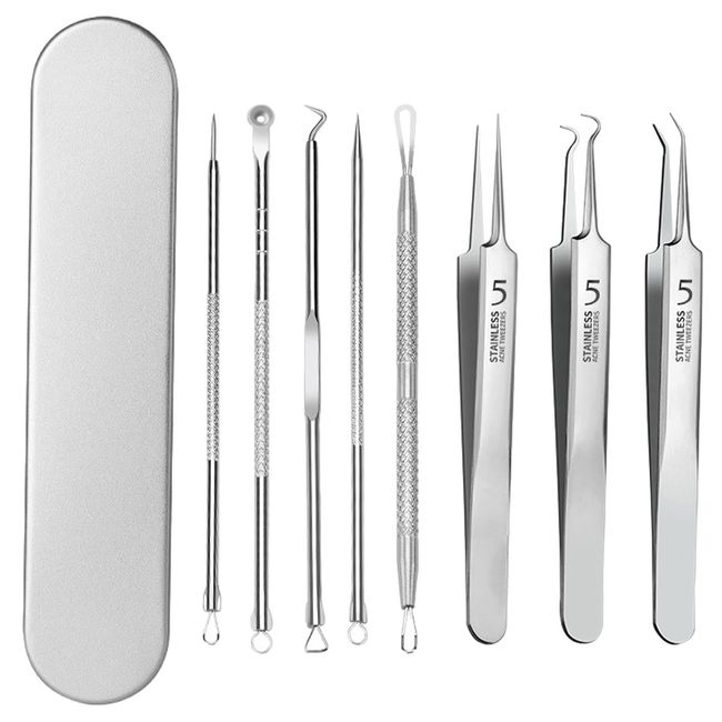 DELITLS 8 Stücke Mitesserentferner Komedonenquetscher Kit, Akne Mitesser Tools Blackhead Remover Pinzetten-Set aus Edelstahl Mitesser-entferner Akne Pinzette, Hautpflege für Gesicht Nase(Silber)