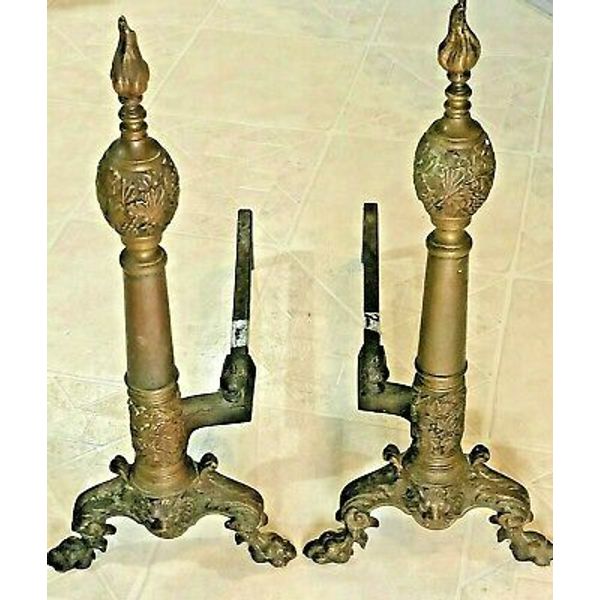 Antique ornate Victorian Solid brass fireplace andirons fire dogs FANTASTIC!