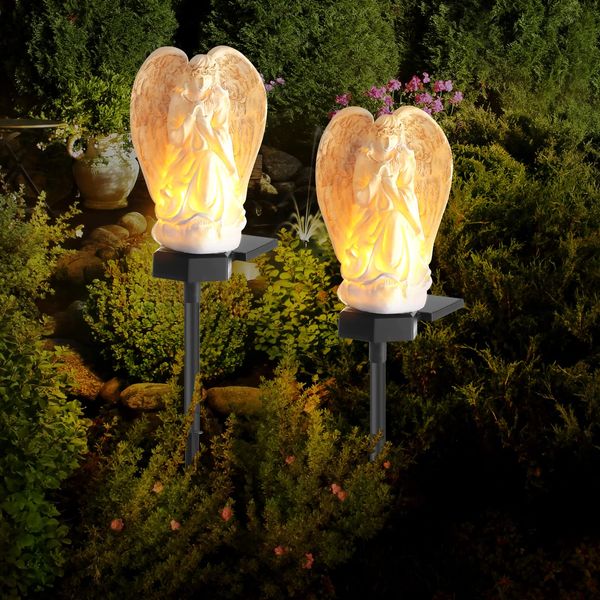 Hortsun 2 Pieces Garden Angel LED Solar Outdoor Lights Eternal Light Lawn Lamp Waterproof Solar for Outside Angel Cemetery Garden Decorations Yard Lawn Pathway Figurines