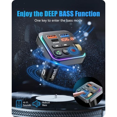 LENCENT Bluetooth 5.0 FM Transmitter for Car, [PD 20W + QC 3.0] USB Charger Music Radio Adapter, Wireless Microphone &HiFi Bass Sound, Supports Hands-Free Siri Google Assistant