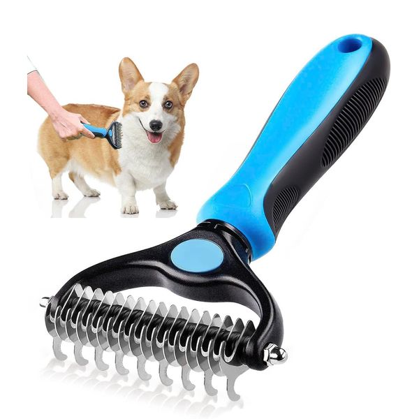 2 In 1 Dog Brush Pet Grooming Tool - Double Sided Dematting Comb - Undercoat Rake Deshedding Tool, Cat Matted Fur Remover For Long Haired Cat Dog Grooming Brush, Blue