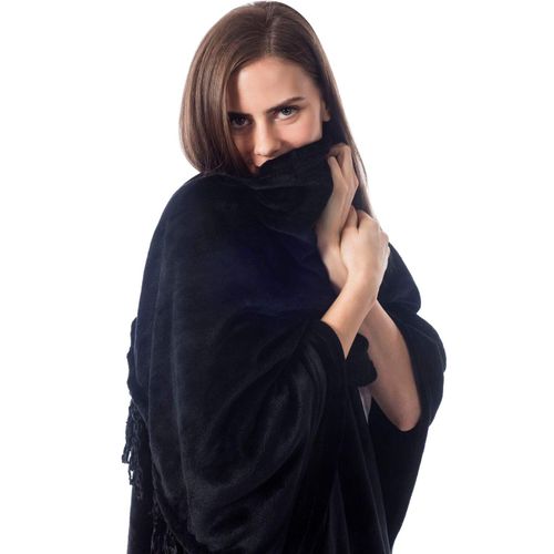 Travel Scarf for Women Airplane, Cozy Fleece Travel Wrap with Fringes, Perfect as a Travel Shawl or Office Blanket, Lightweight and Warm, Makes a Great Gift for Mom - Black