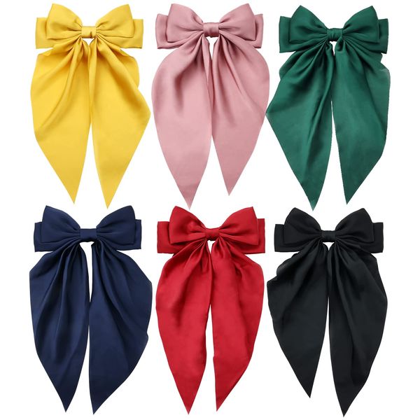 Lawie 6 Pack Satin Large Hair Bows Big Oversized Giant Bow Hair Clips French Barrettes with Long Silky Ribbon Bowknot Bun Ponytail Holder Accessories for Women Lady Girl