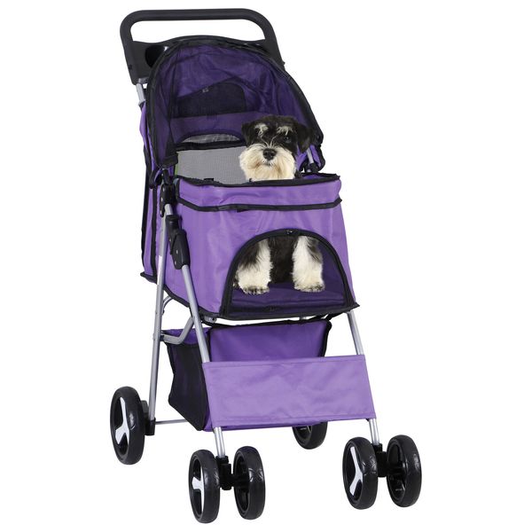 Foldable Pet Stroller for Dog Cat Travel Carrier w/ Cup Holder 4 -Wheels Purple