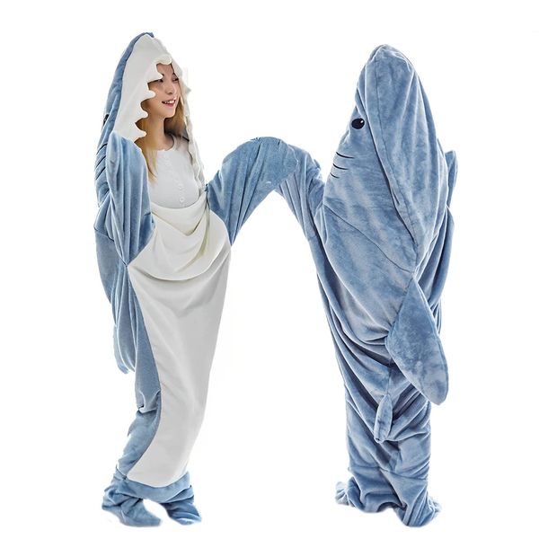 Shark Blanket for Adult Kids - Wearable Shark Blanket Hoodie,Cartoon Animals One-piece Blanket,Cute Funny Blue Shark Flannel Hoodie for Girls Interesting Blanket Gifts - 2XL