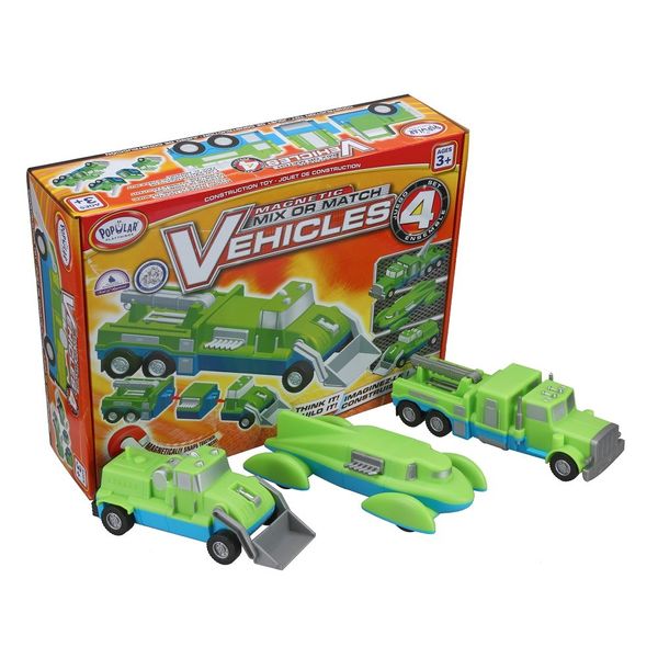 POPULAR PLAYTHINGS Magnetic Mix or Match Vehicles 4 Toy Play Set, 9 Pieces