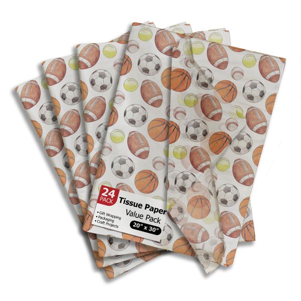 Sports Balls Printed Tissue Paper for Gift Bags or Boxes and Wrapping - Soccer, Basketball, Baseball - Bulk Decorative Art Tissue Paper for Packaging and Gifting | 24 Sheets 20" x 30"