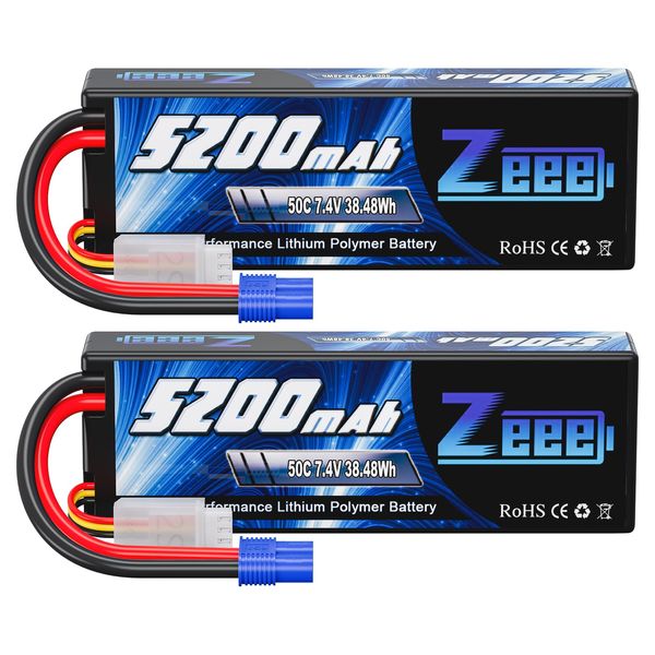 Zeee 2S 5200mAh Lipo Battery 7.4V 50C Hard Case Battery with EC3 Plug Compatible with 1/8 1/10 RC Vehicles Car Slash RC Buggy Truggy RC Airplane UAV Drone(2 Pack)