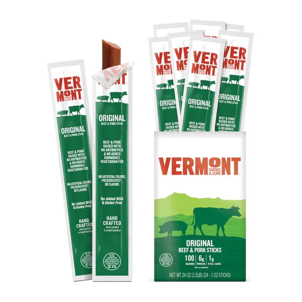 Snack Sticks by Vermont Smoke & Cure – Original Flavor – Beef & Pork – Healthy Meat Protein – 1oz Jerky Stick – 24 count carton