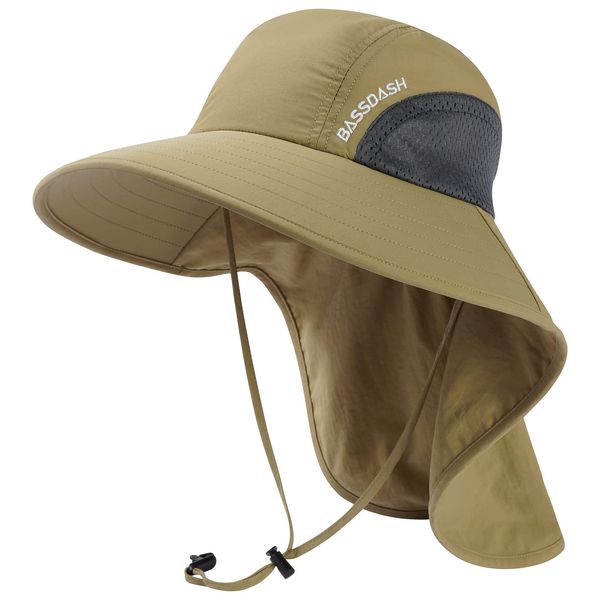 Bassdash Fishing Hat, UV Protection, Wide Brim, Hat with Neck Shade, Sun Hat, Water Repellent, Sweat Absorbent, Quick Drying, Includes Ponytail Hole, Fishing Hat, dark khaki