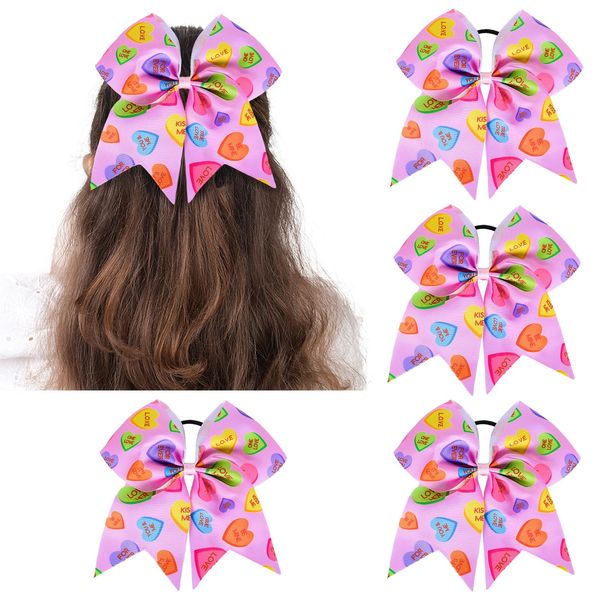 Whaline 4Pcs Valentine's Day Cheer Hair Bows Scrunchies Romantic Conversation Heart Prints Grosgrain Ribbon Bow Hair Band Candy Heart Ponytail Holder for Women Birthday Costume Supplies