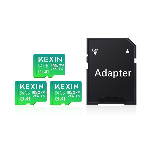 KEXIN MicroSD, 64 GB, Set of 3, SDXC, UHS-I U3, 85MB/s SD Card, 64gb, Class 10, Micro SD Card, 64 GB, Nintendo Switch, Operation Verified, Ultra High Speed Transfer, TF Card with SD Adapter