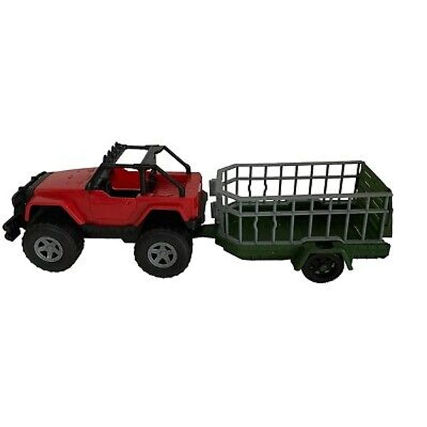 Red Jeep Plastic 8” With Green Livestock Trailer Plastic 7” Fold Down Ramp