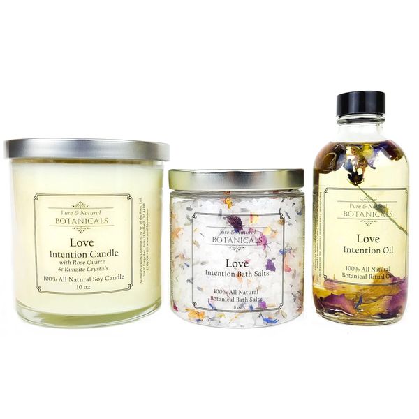 Love Intention Ritual Spa Set | 100% Natural | 10 oz Soy Candle, 4 oz Intention Oil, 8 oz Bath Salts | Attraction, Commitment, Seduction Rituals | Wiccan, Pagan, Metaphysical, Spiritual Gift