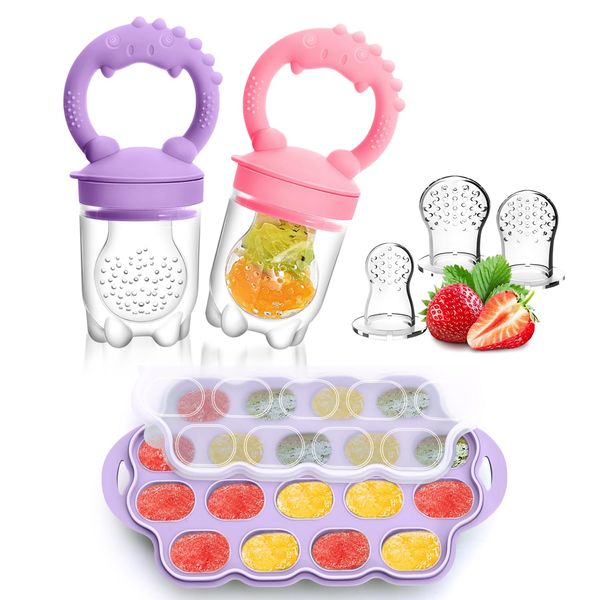 Silicone Baby Fruit Feeder & Breastmilk Popsicle Molds Freezer Tray with Lid, 2 Pack Baby Food Feeder to Teething Relief, Introduce New Foods, Self Feeding, Includes 6 Food Pacifiers (Purple+Pink)