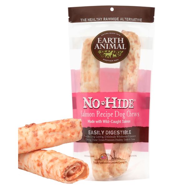 Earth Animal No Hide Large Salmon Flavored Natural Rawhide Free Dog Chews Long Lasting Dog Chew Sticks | Dog Treats for Large Dogs | Great Dog Chews for Aggressive Chewers