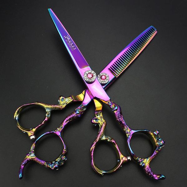 6 inch 440c purple professional hairdressing scissors barber shop hairdresser hair cutting and thinning tool (Full set) (6 inch 3PC-A)