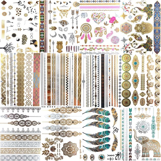 Shegazzi 12 Blätt 130+ Festival Tattoos Zum Aufkleben Damen Gold Metallic Temporäre Tattoos Klebetattoos Erwachsene Frauen Mädchen Flash Glitzer Tattoo Goldene Festival Zubehör Accessoires Must Haves