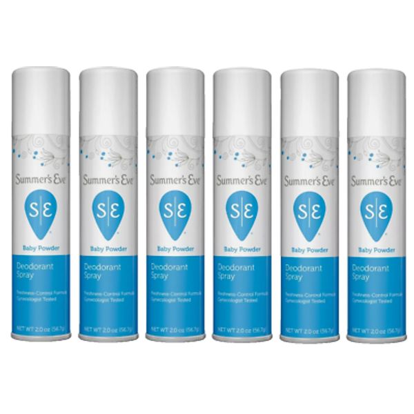 6 BOTTLES Summer's Eve Baby Powder 2oz/ 56.7g Feminine Deodorant Spray (6 PACK)