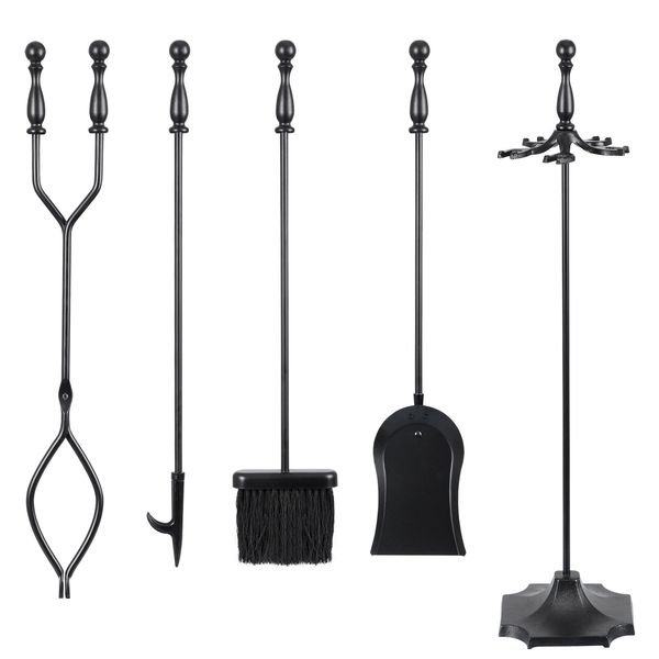 5 Pieces Fireplace Tools Sets Wrought Iron Firewood Kit w/ Handle Durable Tools