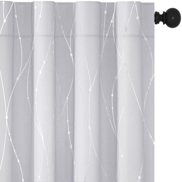 Deconovo Room Darkening Curtains for Bedroom and Living Room, 72 Inch Length - Energy Saving Curtain Panels, Wave Lines with Dots Pattern (42 x 72 Inch, Silver Grey, 2 Panels)