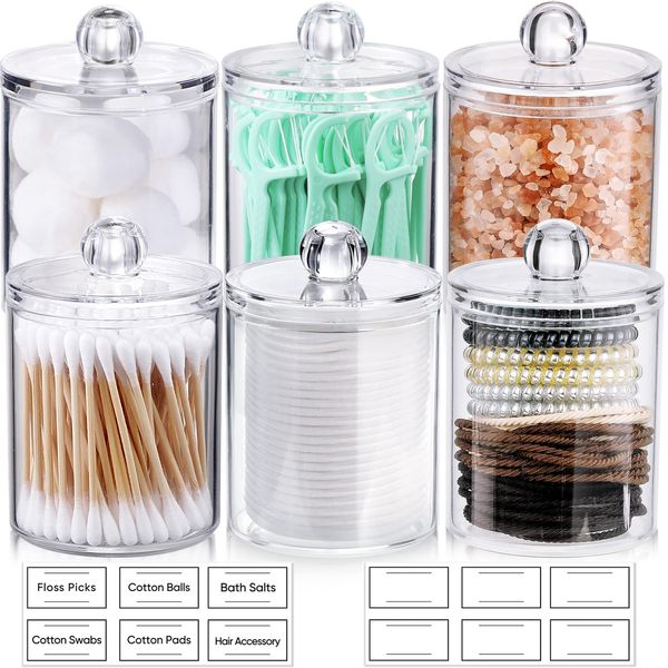 6 Pack Qtip Holder Dispenser for Cotton Ball, Cotton Swab, Cotton Round Pads, Floss - Clear Plastic Apothecary Jar Set, Bathroom Canister Storage Organization, Vanity Makeup Organizer (12oz & 10oz)