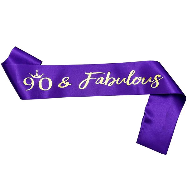 NAUXIUDSJS 90 and Fabulous Sash, 90th Birthday Sash, Satin Sash with Gold Foil Words Birthday Gift 90th Birthday Accessories Decorations Party Favor,Purple