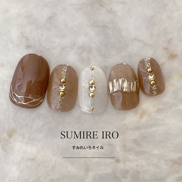 Nail tips False nails Bridal nails Short Coming-of-age nails Design Simple nails Nail Beige nails Small nails Large nails Very short Chibi nails Adult nails False nails Custom nails<br> [o2189] Brown beige vertical rhinestone mirror ring