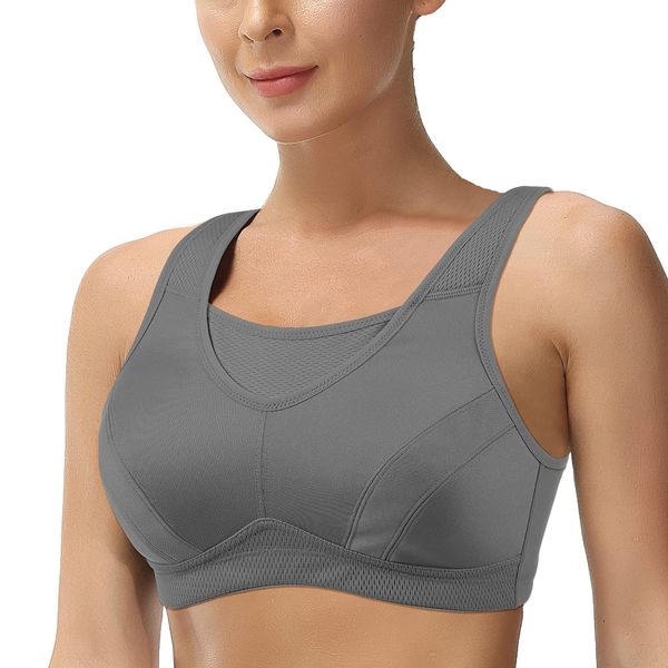 ZeroBound Women's Sports Bra High Impact Large Bust Full Coverage Workout Bras Adjustable Wirefree NO Padded Bra Gray