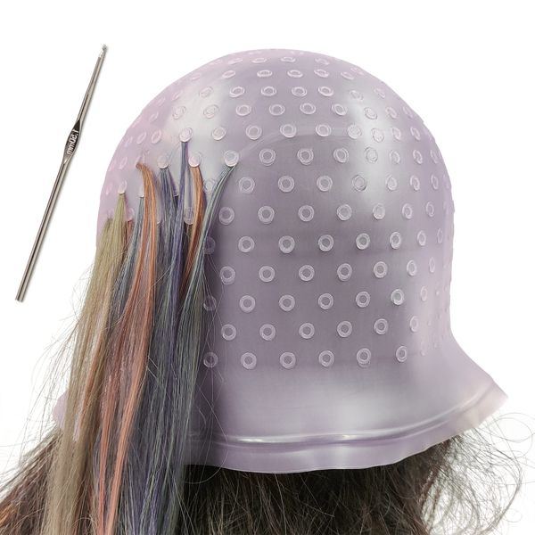 Highlighting Cap with Holes already in Silicone Reusable Highlighting Cap Hair Dye Cap with Holes Tipping Caps Hair Salon Hairdressing Highlight Cap and Hook Kit (Purple)