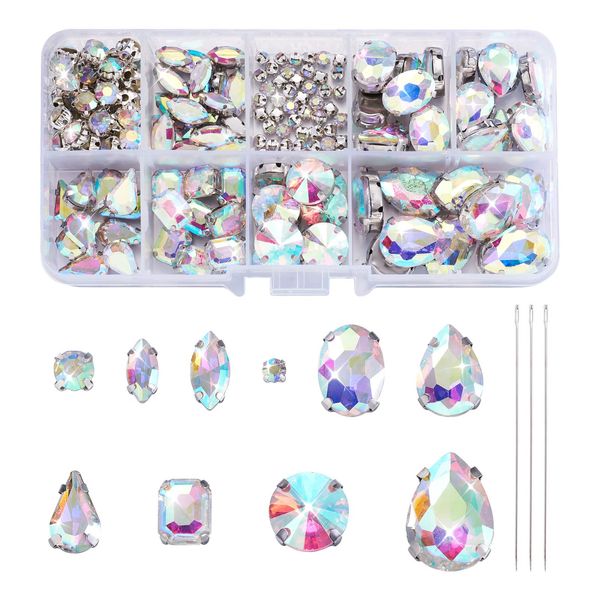 PandaHall 180pcs Glass Sew On Rhinestones with Needles Crystal AB Sew On Claw Rhinestone with Hole for DIY Dress Clothes Shoes Bag Decorations