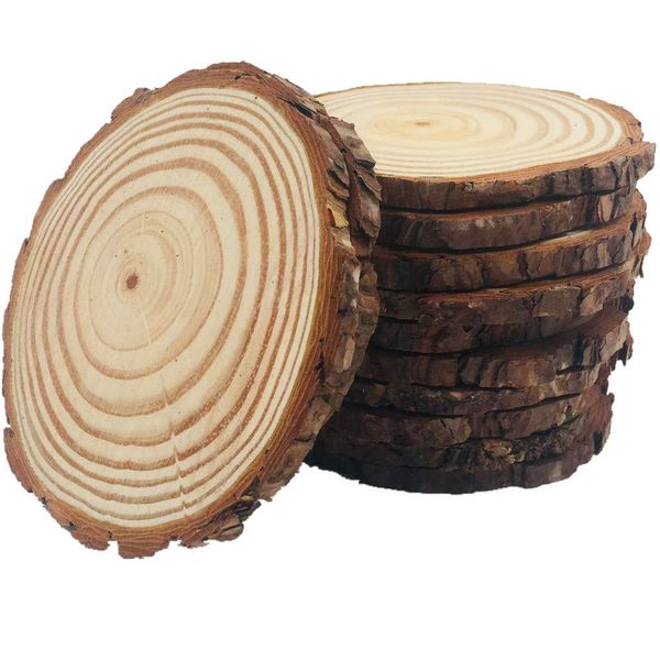 10pcs Wood Slices 4-4.7 inch Unfinished Natural with Tree Barks Diameter Large Circle Rustic Wedding Centerpiece Disc Coasters Christmas Ornaments DIY Woodland Projects Table Chargers Wedding