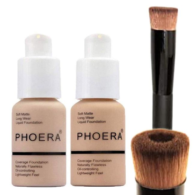 Glamza Phoera Foundation Set with Makeup Brush - Matte Cream Foundation Kit with 102 (Nude) & 104 (Buff Beige) Full Coverage Concealer - 24hr Matte Oil Control - 30ml x 2