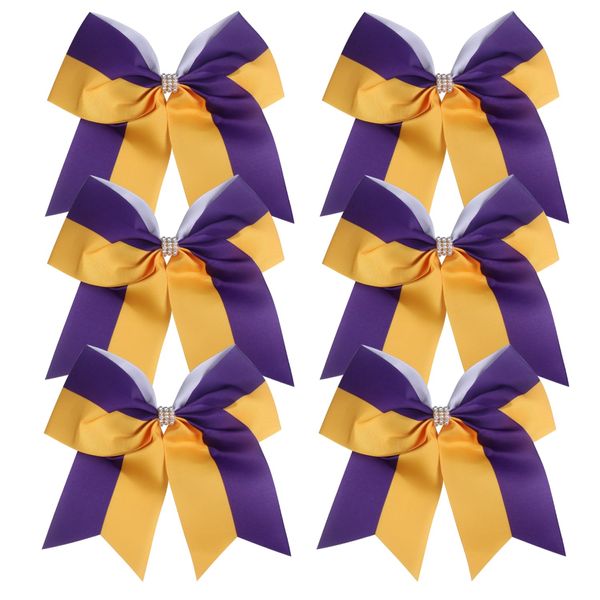 Cheerleader Bows 8 Inch Comb Color Ponytail Holder with Bling Fling Rhinestones Hair Tie Cheerleading Bows 6 Pcs (Purple/Gold)