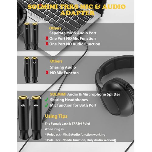 SOLMIMI Audio Splitter 3.5mm (2 Pack),Headphone Splitter 3.5mm for 2 Headphones,4 Pole Trrs Braided 3.5 Mm Splitter One Male Two Female for Headset Pc Smartphone Xbox Ps4 - Matte Black(1ft-30cm)