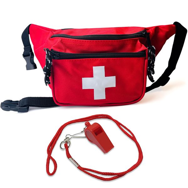 ASA TECHMED Lifeguard Fanny Pack with Whistle Lanyard - Baywatch Style First Aid Hip Pack w/Adjustable Strap, Cross Logo + Zipper Pouch, Emergency Equipment Set Red