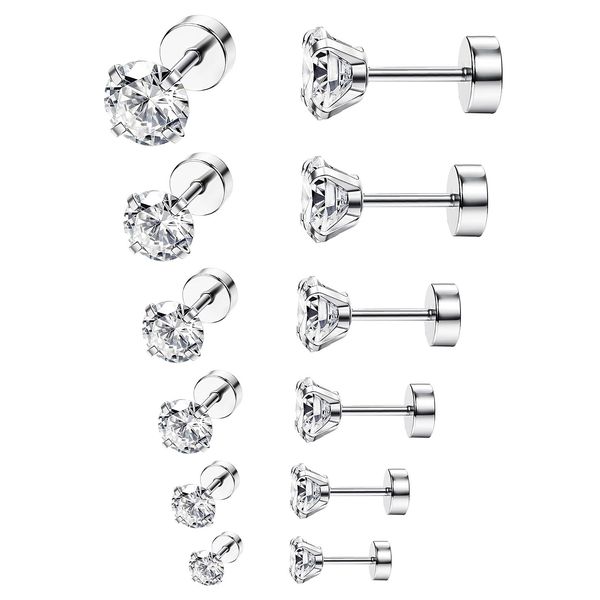 ORAZIO 6 Pairs 18G Stainless Steel Ear Stud Piercing Barbell Studs Earrings Round Cubic Zirconia Inlaid