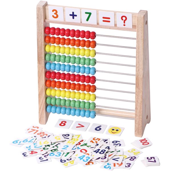 Educational Abacus for Kids Math - 10 Row Wooden Counting Frame with Number 1-100 Cards - Teach Counting, Addition and Subtraction, Preschool Learning Math Toys for Boys Girls Gift 3 4 5 Year Old