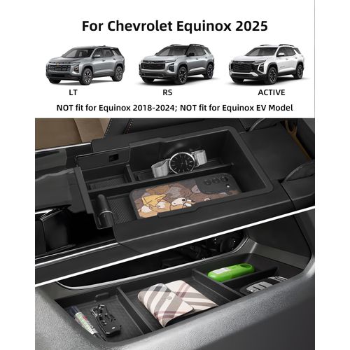 LANGBEAN 2PCS Center Console Organizer for Chevy Equinox 2025 Armrest Insert Storage Tray with Non-Slip Rubber Mat Chevy Equinox Organiser Accessories, Black