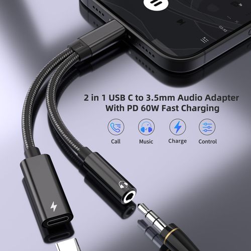 Mxcudu USB C to 3.5mm Headphone and Charger Adapter, 2 in 1 USB C to Aux Audio Adapter & 60W Fast Charging Dongle Compatible with iPhone 16/16 Pro/15, Galaxy S25/S24/S24 Ultra/S23, Pixel 8, iPad Pro