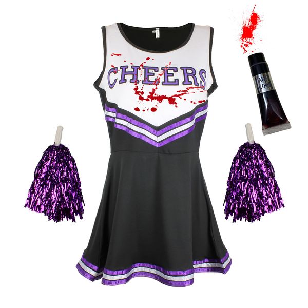 Cheerleader Costume Women Halloween Costumes for Women Cheerleader Halloween Costume Adult Zombie Cheerleader Halloween Costume for Women Dead Cheerleader with Blood Tube, Black Purple Medium