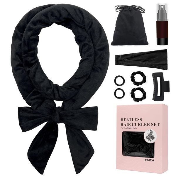 Hair Curlers Overnight Long Hair, Hair Curls Without Heat, Heatless Hair Curler Band 180 Cm Soft Velvet Non-Slip, Sleep Tie With Headband Curls Band For Sleeping (Black)