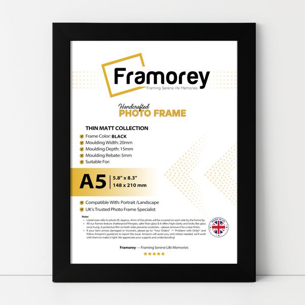 FRAMOREY A5 Size Black Frame – Thin Thin Matt Moulding with Perspex Front – Stylish Engineered Wood Frame for Tabletop or Wall Mount Use