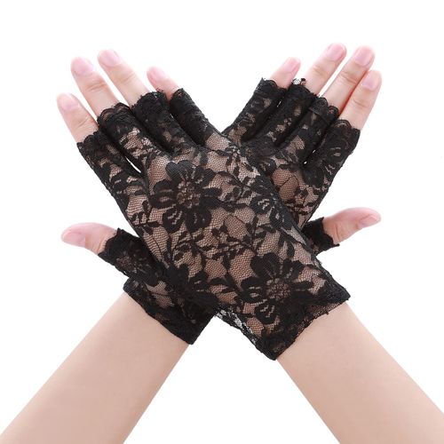 Yolev Women's Lace Gloves, Short Floral Mesh Gloves, Bridal Half Finger Gloves for Wedding, Opera, Dinner, Tea Party, Funeral, black