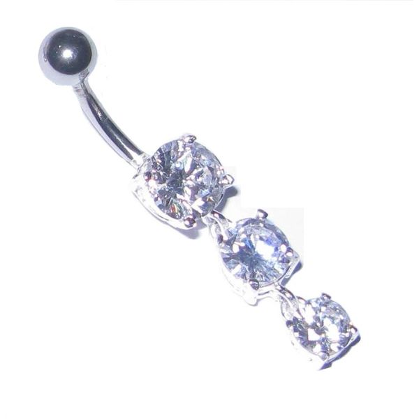 925 SILVER Dangle Belly Bar with 3 DROPS Clear Crystals (6 MM)