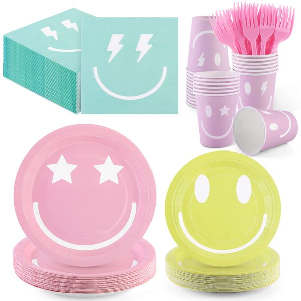 durony 144 Pieces Preppy Smile Face Party Tableware Set Party Decorations Include Smile Face Paper Plates Napkins Cups and Forks for Preppy Birthday Party Baby Shower Decor, Serve 24 Guest