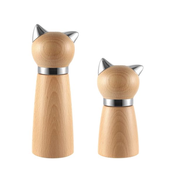 VKCHEF Pepper Mill, Wooden Salt & Pepper Grinder, Yellow Cat, Set of 2, Manual Pepper Mill, Salt Mill, Pepper Mill, Spice Mill, Compact