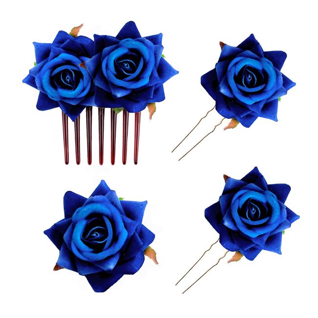 PMELCXD 4 Pieces Rose Hair Clip Flower Hairpin Rose Brooch Floral Clips Women Rose Flower Hair Accessories（Navy blue）