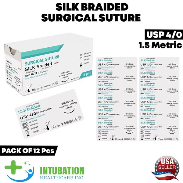 4/0 Suture Silk Braided Thread Sterile Sutures Needle & Threads Training 12Pcs