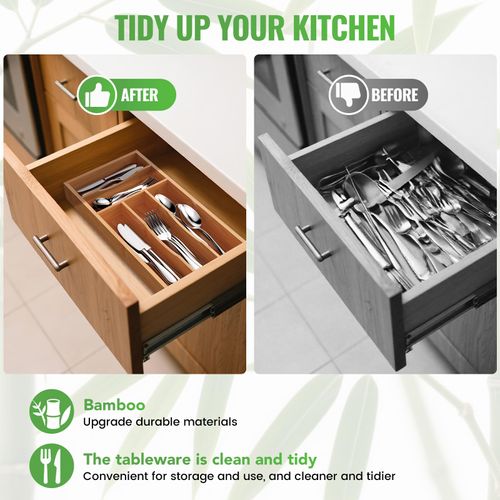 Small Silverware Organizer, Bamboo Kitchen Drawer Cutlery Organizer, Utensil Holder, Flatware Organizer Tray (13.9"x6.7"x1.6")